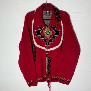 Vintage Tejidos Atahualpa Red Wool Aztec Southwestern Knit Zip Hoodie Sweater L